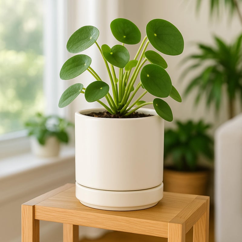D'vine Dev 6 Inch Ceramic Planter Pot with Drainage Hole and Saucer, Indoor Cylinder Round Planter Pot, Oatmeal, 94-O-C-8 - Image 3
